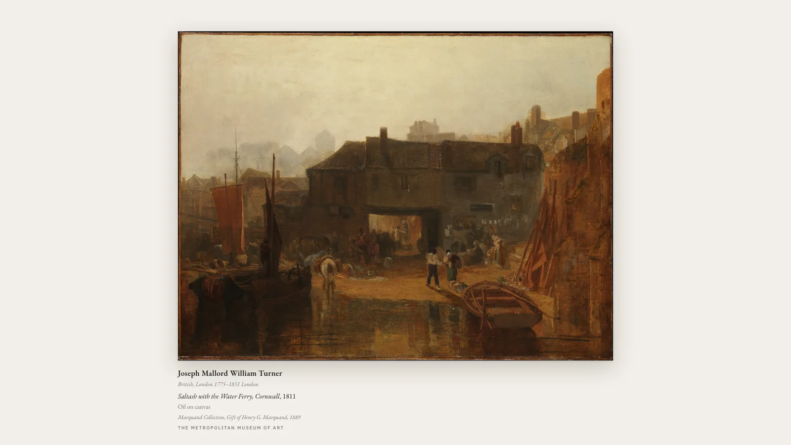 A Turner harbour scene matted on off-white, with a museum placard beneath it.