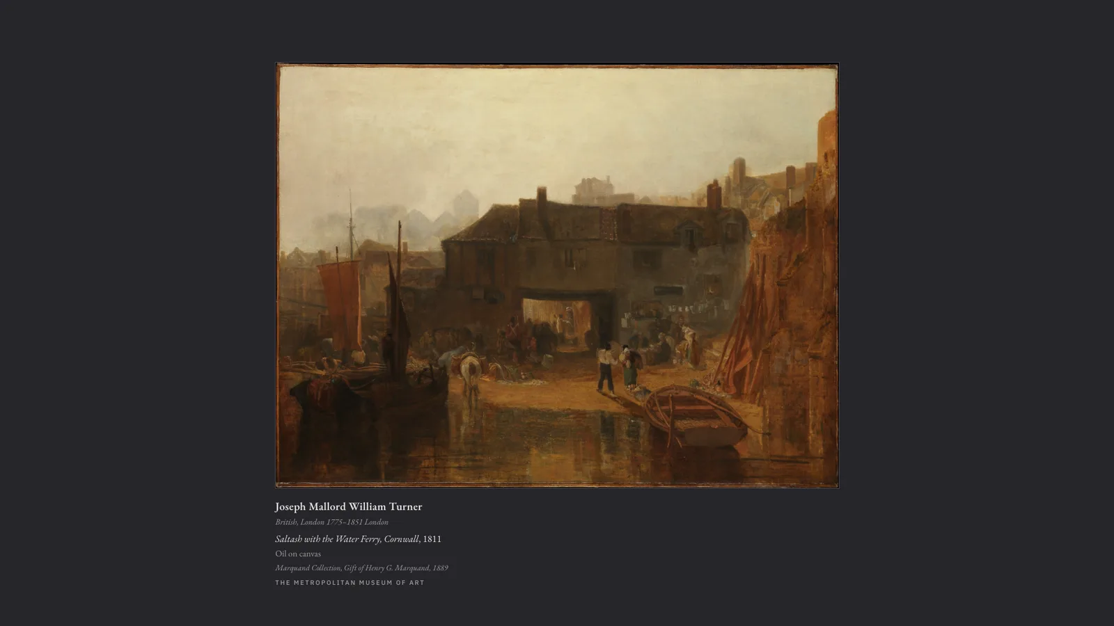 A painting on a dark charcoal wall colour with a thin hairline edge and a wide margin.