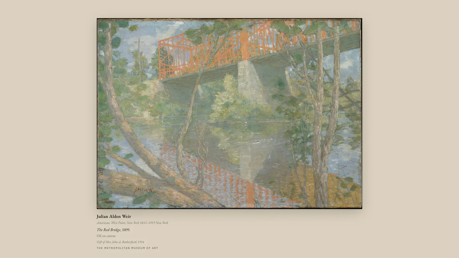 A wide landscape painting matted on warm linen, fitted whole rather than filled to the edges.