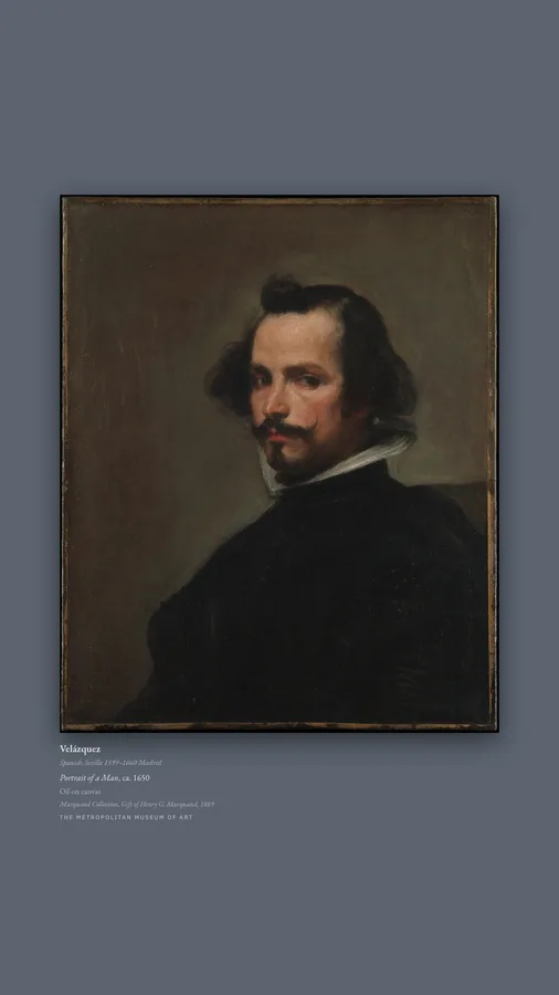 A tall portrait painting on a slate wall colour, filling a screen mounted vertically.
